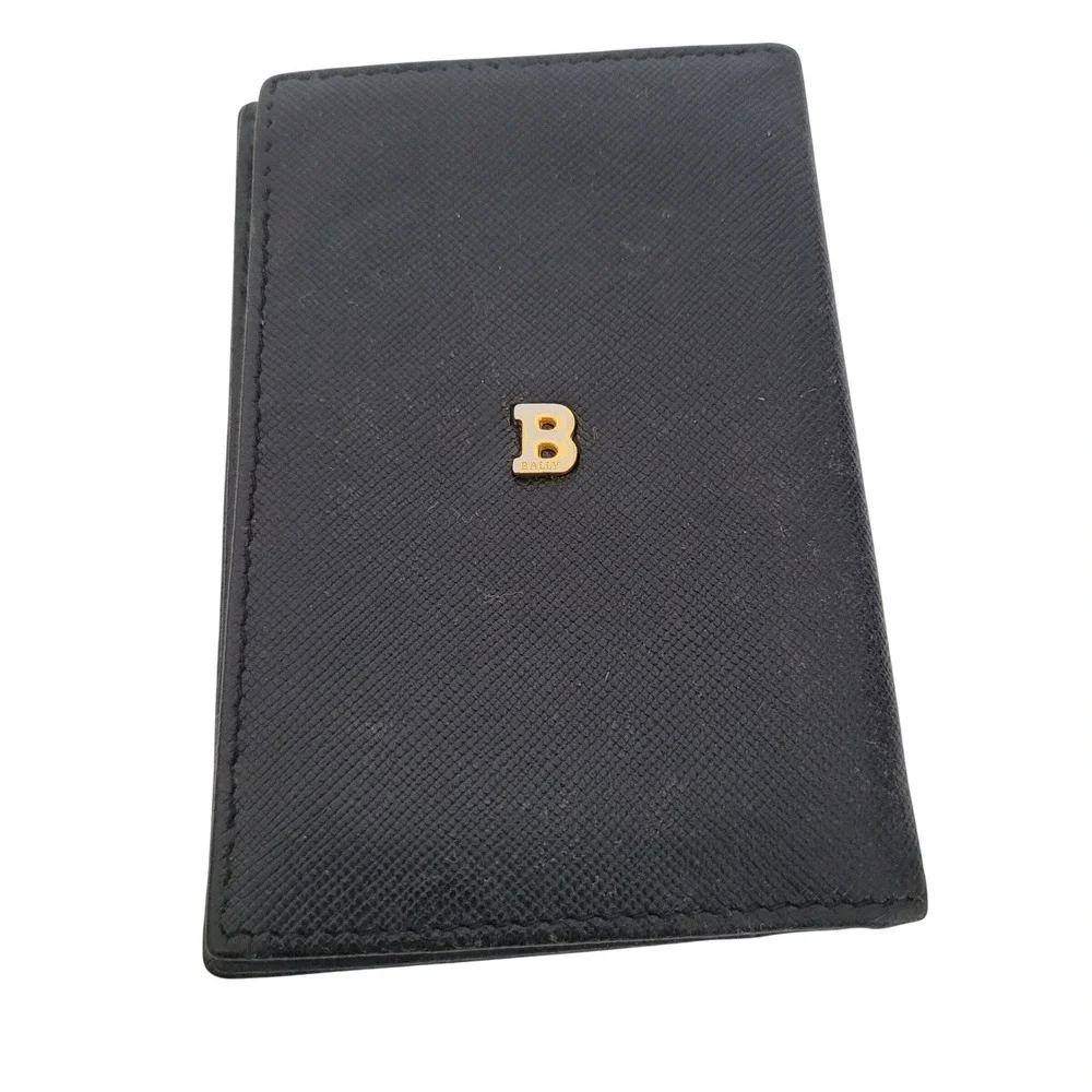 Bally Black Saffiano Leather B Logo Card Holder Small Wallet Made Italy Bifold